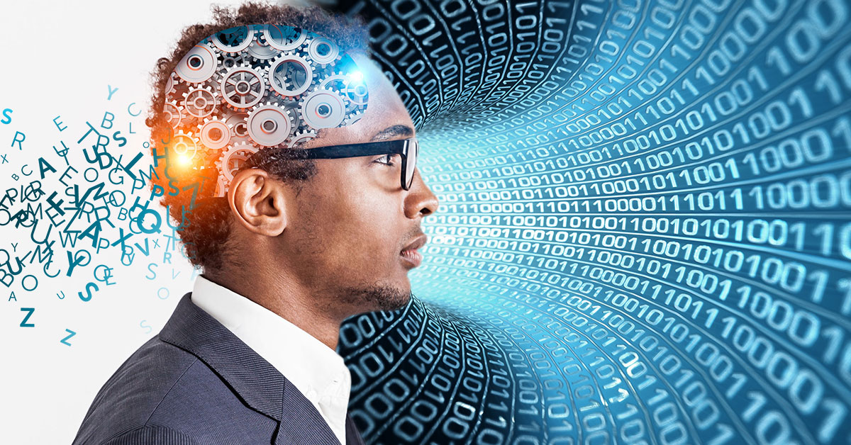 Man with gears in his head, processing language through one side and a tunnel of data on the other