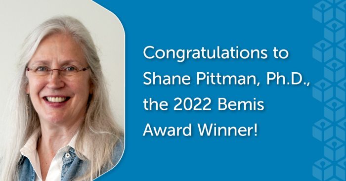 Shane Pitman headshot photo on blue background with caption: Congratulation to Shane Pittman, Ph.d. the 2022 Bemis Award Winner!