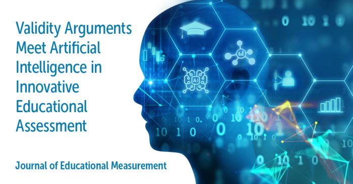 Abstract profile of a person's head with analytics icons on a blue background, with text "Validity Arguments Meet Artificial Intelligence in Innovative Educational Assessment, Journal of Educational Measurement"